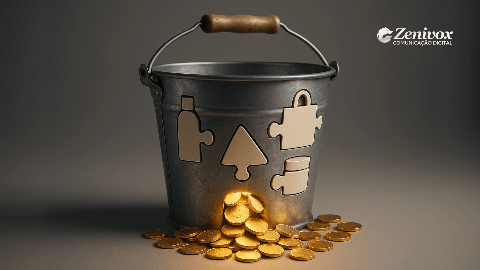 Balde metálico com furos em formato de peças de quebra-cabeça, deixando moedas douradas escaparem, simbolizando perdas financeiras e a importância de aumentar o ticket médio com estratégias inteligentes.