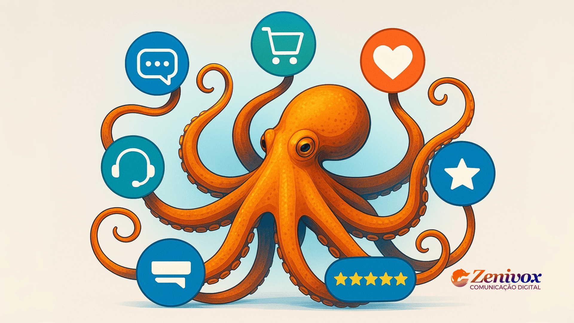 Ilustração de um polvo laranja com vários tentáculos segurando ícones que representam atendimento, mensagens, carrinho de compras, coração, estrela e avaliações positivas, simbolizando os múltiplos pontos de contato no customer experience.