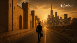 Homem de negócios caminha sozinho em uma estrada que conecta as muralhas da antiga Babilônia a uma metrópole moderna iluminada pelo pôr do sol. A cena simboliza a transição entre a sabedoria antiga e a prosperidade contemporânea de um empresário individual.