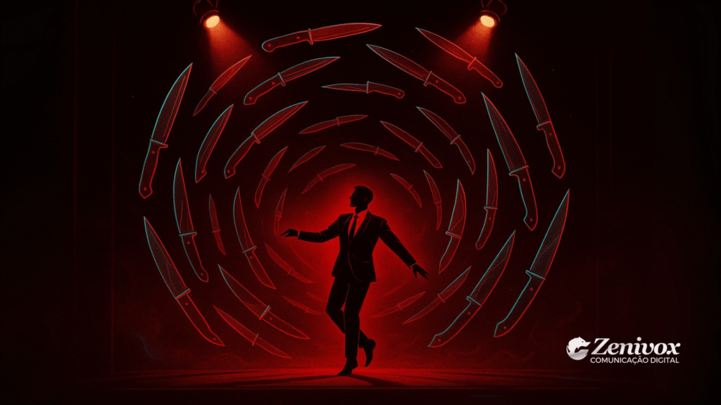 Ilustração de um homem em traje social escuro, iluminado por luz vermelha intensa, cercado por várias facas flutuantes que formam um círculo ao seu redor, simbolizando a concorrência desleal. A cena transmite tensão, perigo e estratégia, com atmosfera dramática. No canto inferior direito está o logotipo da Zenivox Comunicação Digital.