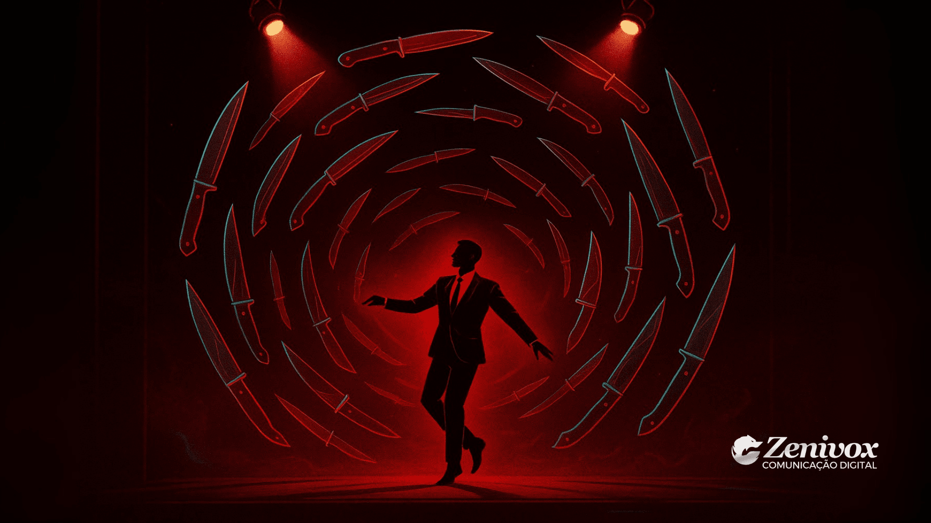 Ilustração de um homem em traje social escuro, iluminado por luz vermelha intensa, cercado por várias facas flutuantes que formam um círculo ao seu redor, simbolizando a concorrência desleal. A cena transmite tensão, perigo e estratégia, com atmosfera dramática. No canto inferior direito está o logotipo da Zenivox Comunicação Digital.