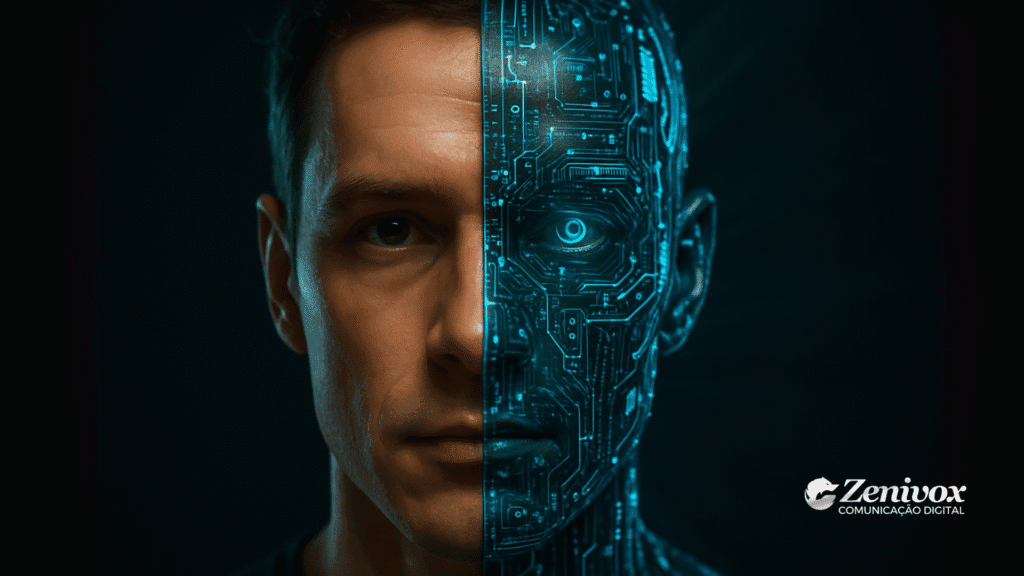 Rosto dividido ao meio entre humano e androide digital, simbolizando o confronto entre inteligência artificial e intuição humana no marketing de performance.