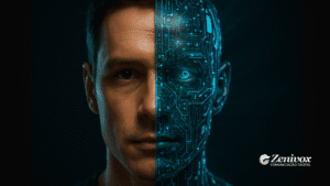 Rosto dividido ao meio entre humano e androide digital, simbolizando o confronto entre inteligência artificial e intuição humana no marketing de performance.