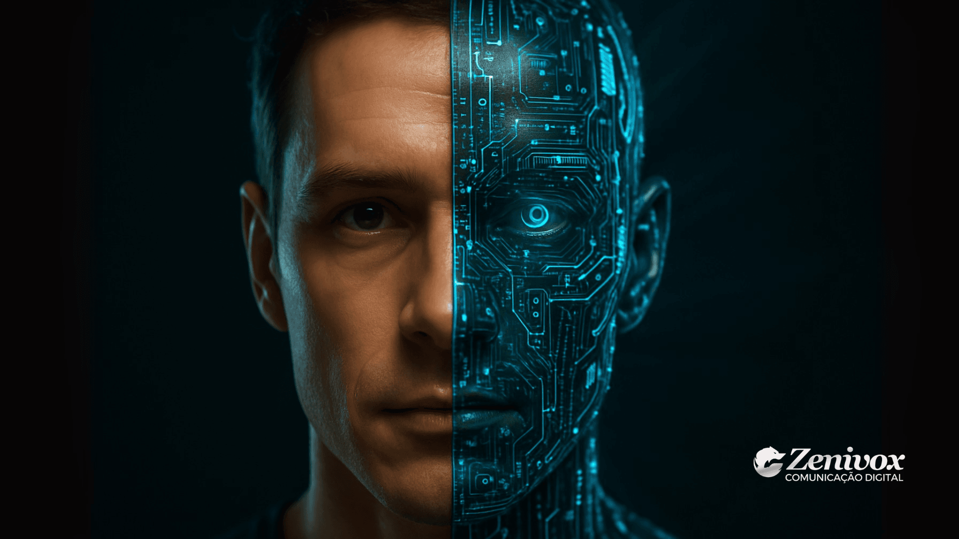 Rosto dividido ao meio entre humano e androide digital, simbolizando o confronto entre inteligência artificial e intuição humana no marketing de performance.