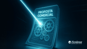 Documento digital iluminado por um feixe de luz futurista, revelando engrenagens e mecanismos internos — simbolizando a estrutura estratégica de uma proposta comercial que conquista clientes.