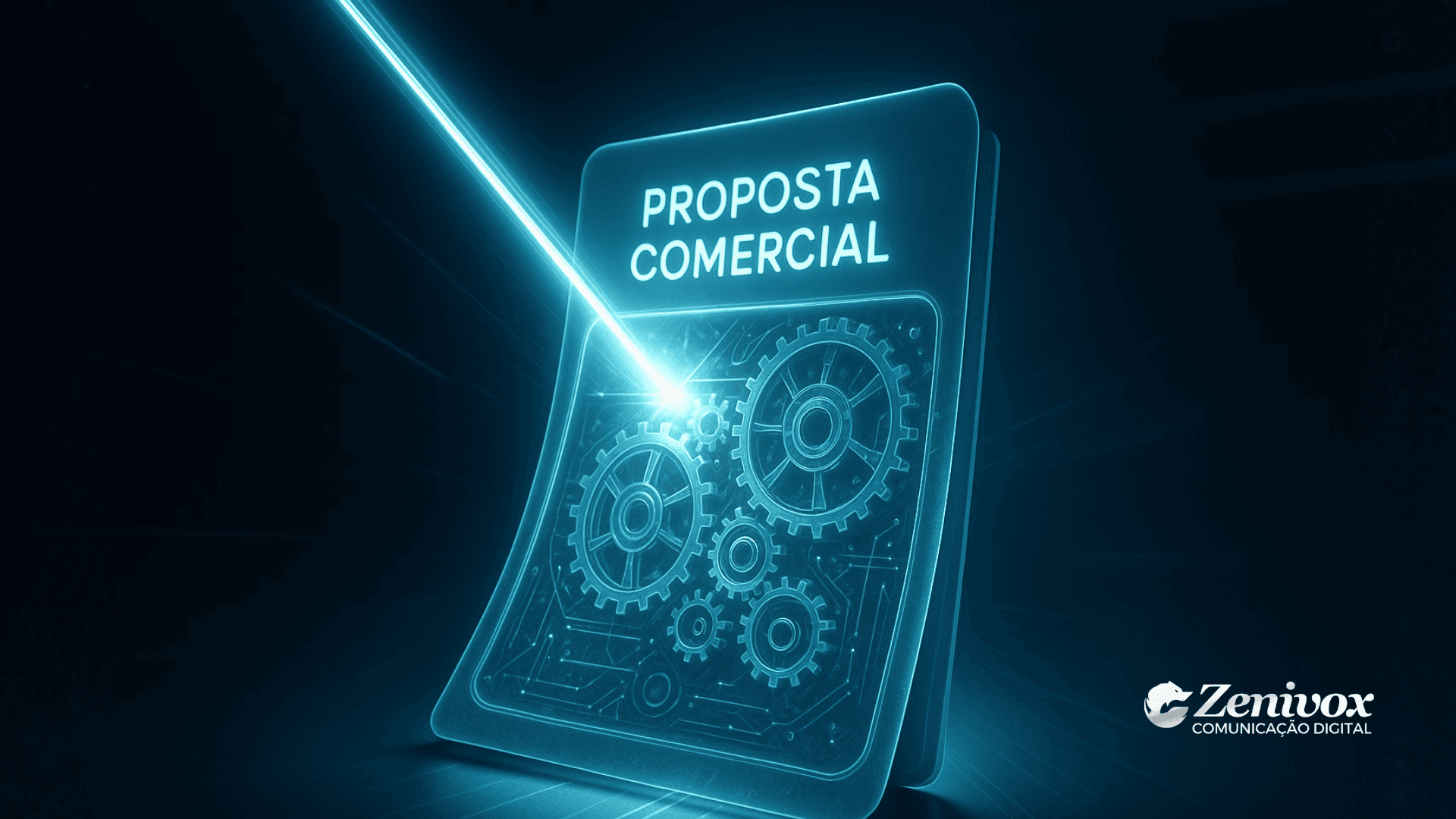 Documento digital iluminado por um feixe de luz futurista, revelando engrenagens e mecanismos internos — simbolizando a estrutura estratégica de uma proposta comercial que conquista clientes.