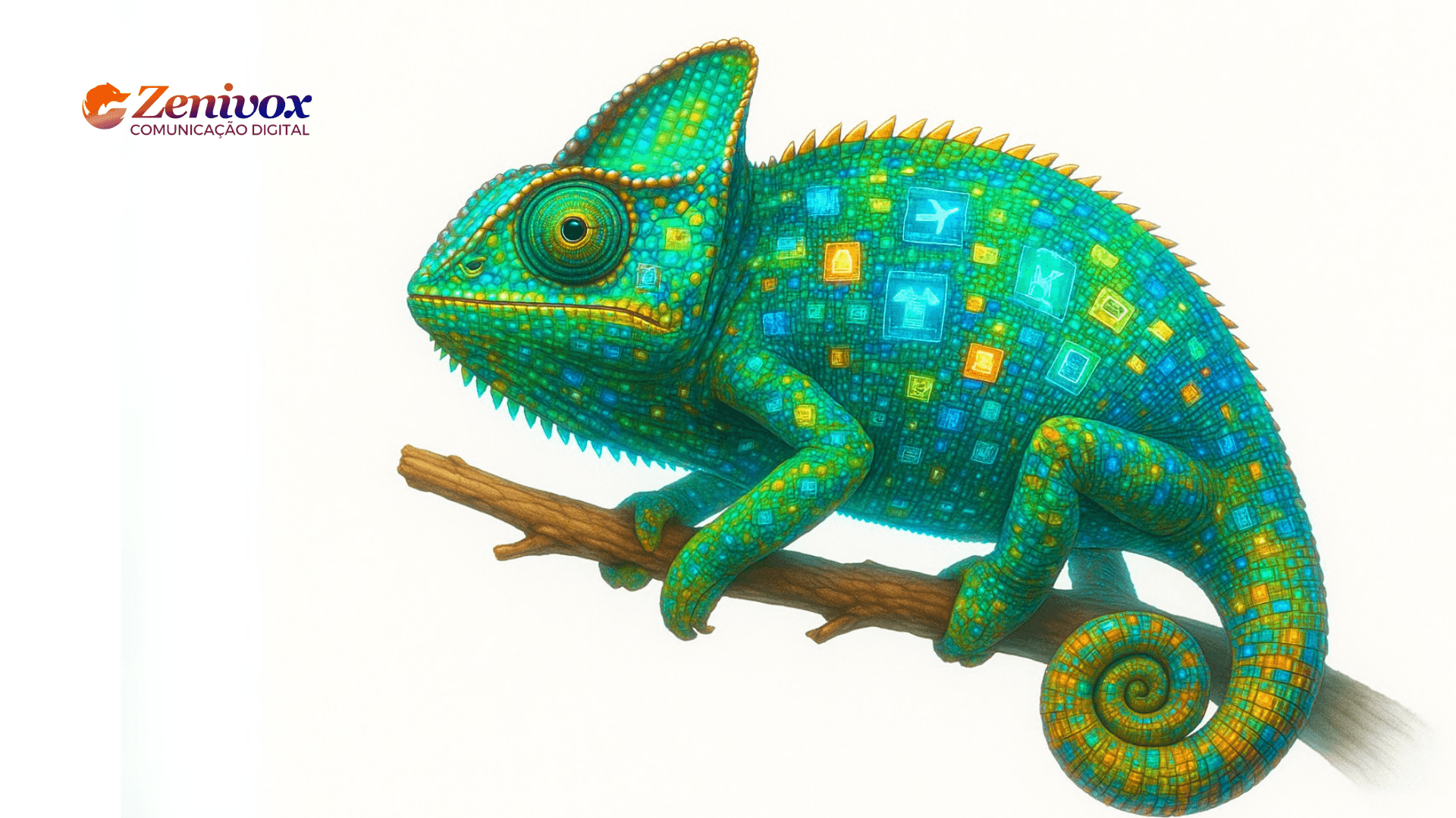 Camaleão digital em estilo artístico, com corpo formado por pequenos quadrados coloridos lembrando ícones de aplicativos e símbolos digitais, em tons de verde, azul e laranja, apoiado em um galho de madeira. No canto superior esquerdo, aparece o logotipo da Zenivox Comunicação Digital. Representando anúncios publicitários personalizados.