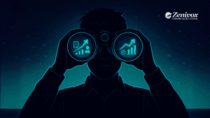 Ilustração de um homem observando através de binóculos que mostram gráficos de crescimento e indicadores de desempenho, simbolizando o planejamento estratégico para alcançar metas de vendas.