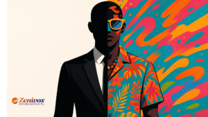 Ilustração dividida ao meio mostrando contraste entre minimalismo e maximalismo da comunicação visual: de um lado, um homem de terno preto em fundo neutro; do outro, o mesmo homem com camisa estampada colorida e óculos vibrantes em frente a um fundo cheio de formas e cores.