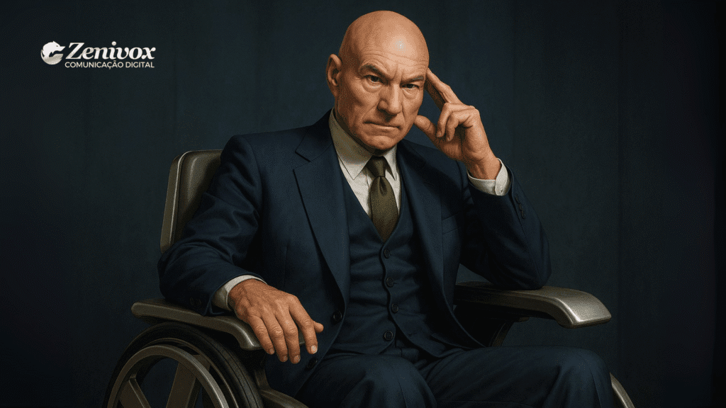 Professor Xavier em sua cadeira de rodas, com expressão séria e gesto de concentração, representando liderança inclusiva e visão estratégica na gestão de equipe.