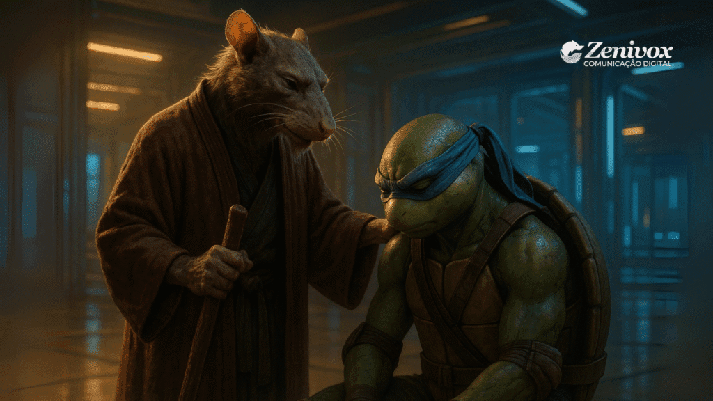 Mestre Splinter coloca suavemente a mão no ombro de uma Tartaruga Ninja abatida, transmitindo serenidade, disciplina e liderança discreta no gerenciamento de time.