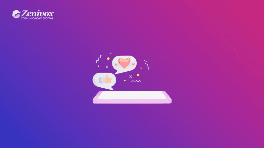 Ilustração digital com fundo em degradê roxo e rosa, exibindo um celular de onde saem ícones de curtidas e corações, representando engajamento nas redes sociais.
