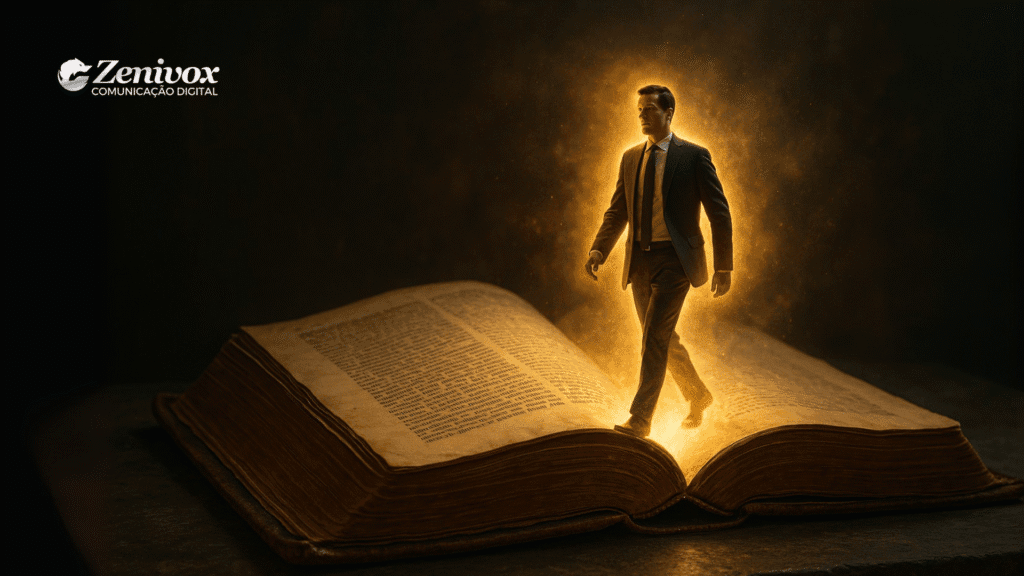 Homem de terno surge iluminado de dentro de um livro antigo aberto, envolto por uma aura dourada que simboliza sabedoria e prosperidade. O cenário transmite a ideia de que o conhecimento do passado pode guiar empresários individuais rumo ao sucesso no presente.