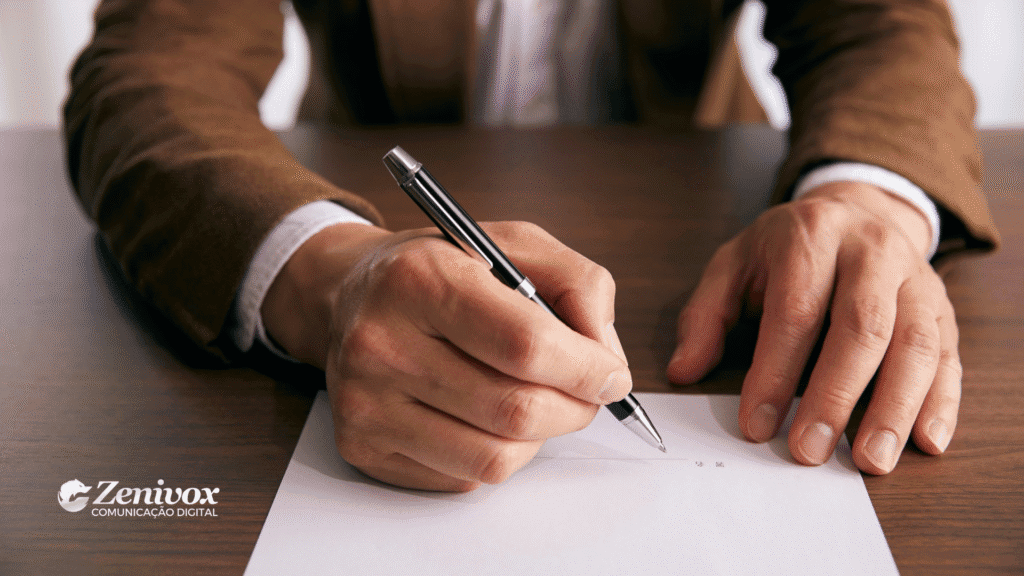 Mão de empresário escrevendo em um documento sobre a mesa, simbolizando que uma proposta comercial é peça estratégica no processo de vendas, transmitindo valor e confiança.