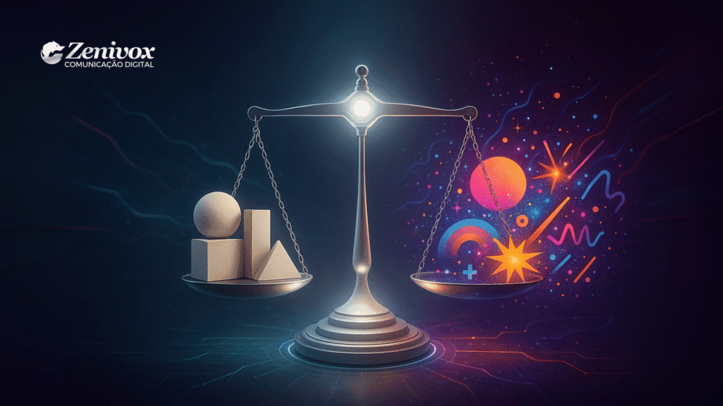 Balança equilibrando de um lado formas geométricas simples e do outro elementos coloridos e criativos, simbolizando o equilíbrio entre minimalismo e maximalismo na comunicação visual que diferencia marcas.