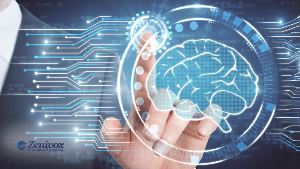 Mão de executivo tocando uma interface digital futurista com ícone de cérebro iluminado, simbolizando a união entre inteligência humana e algoritmos no marketing de performance híbrido.