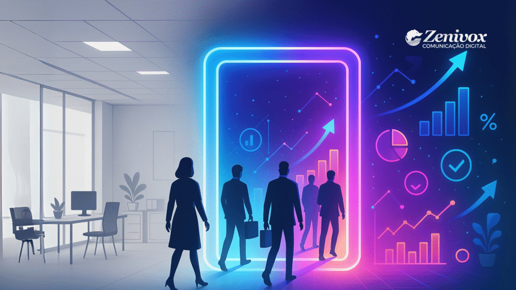 Ilustração futurista de profissionais atravessando um portal digital colorido que conecta um escritório tradicional ao universo de gráficos e indicadores de crescimento, representando o empreendedorismo corporativo.