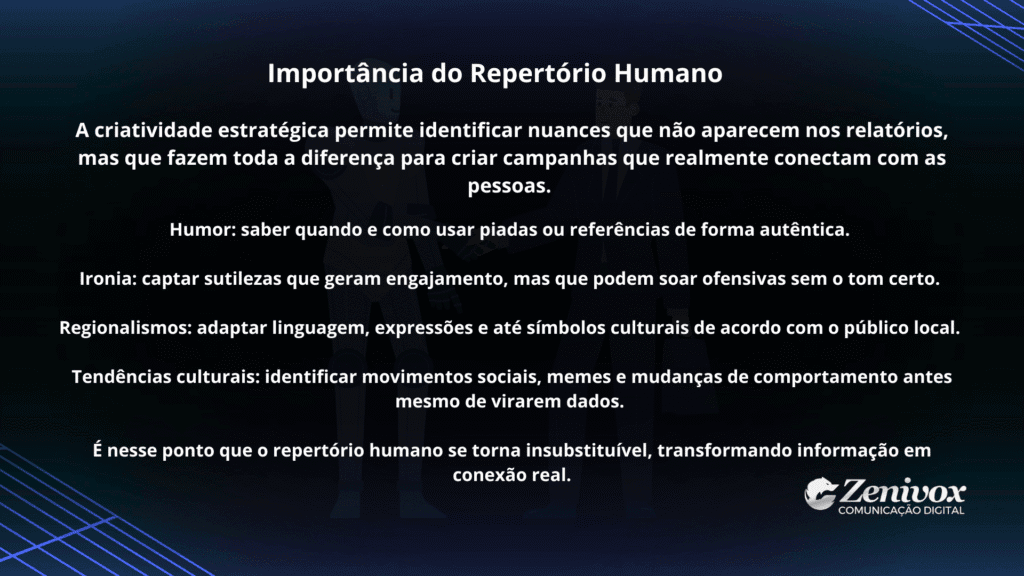 Slide em fundo escuro com título “Importância do Repertório Humano”, destacando como criatividade, humor, ironia, regionalismos e tendências culturais tornam campanhas mais autênticas e conectadas. Representando o Marketing de Performance.