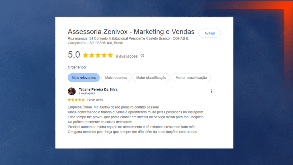 Captura de tela de uma avaliação de cliente no Google para a empresa Assessoria Zenivox - Marketing e Vendas, exibindo nota máxima de 5 estrelas baseada em 9 avaliações, destacando a confiança e satisfação dos clientes como prova social.