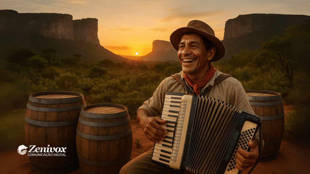 Homem sorridente tocando sanfona ao pôr do sol na Chapada Diamantina, cercado por barris de vinho. A cena transmite a união da cultura nordestina com o enoturismo, destacando o Festival de Forró da Chapada como exemplo marcante do Marketing Turístico.