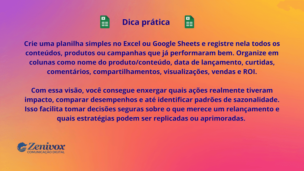 Slide explicativo sobre como identificar conteúdos, produtos ou campanhas que já tiveram engajamento para planejar relançamentos estratégicos.