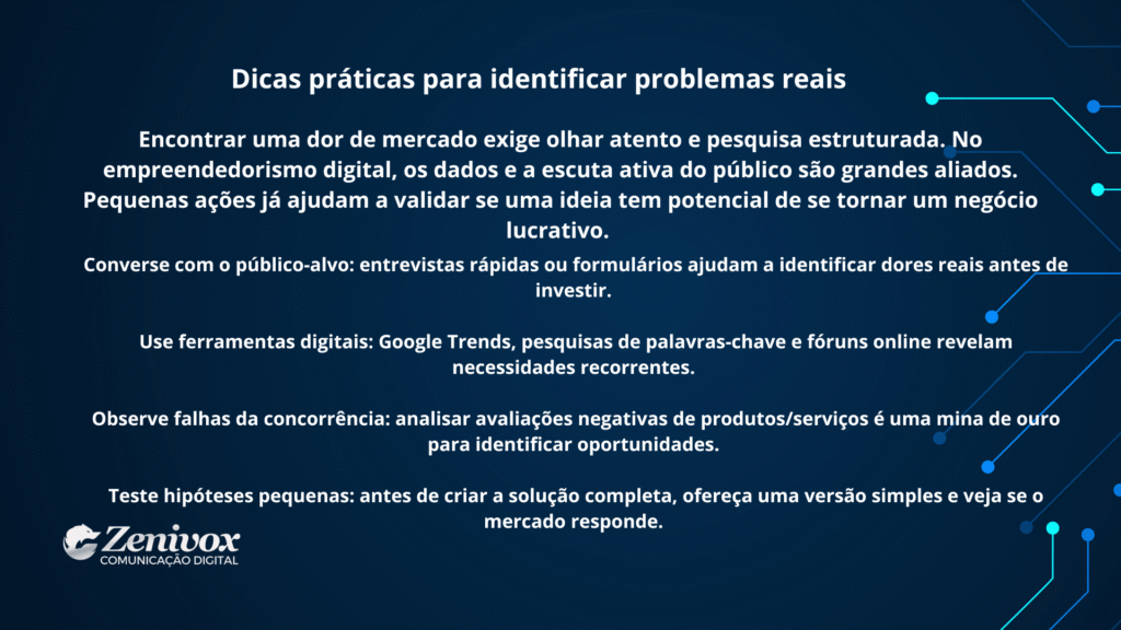 Slide explicativo apresentando dicas práticas de empreendedorismo tecnológico para identificar problemas reais no mercado digital, com foco em pesquisa, público-alvo, concorrência e testes.