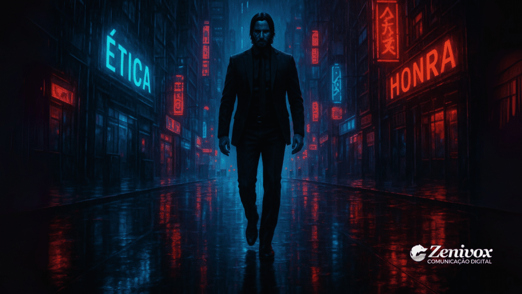 Homem vestido de terno preto caminha em uma rua futurista e chuvosa, iluminada por letreiros de neon vermelhos e azuis. De um lado, destaca-se a palavra “Ética” em azul; do outro, “Honra” em vermelho. O ambiente transmite tensão, disciplina e resistência em meio ao caos. No canto inferior direito aparece o logotipo da Zenivox Comunicação Digital.