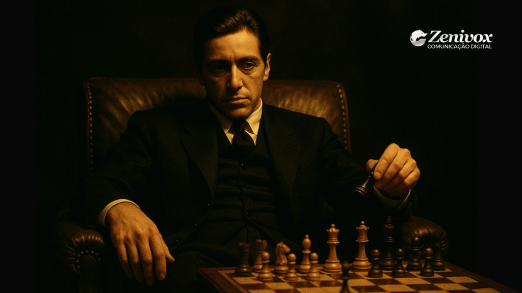Michael Corleone de terno preto sentado em uma poltrona de couro marrom, em ambiente escuro e iluminado em tons dourados. Ele segura uma peça de xadrez enquanto observa o tabuleiro à sua frente, transmitindo concentração e estratégia para lidar com concorrência desleal. No canto superior direito está o logotipo da Zenivox Comunicação Digital.