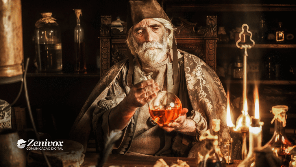 Homem idoso com longos cabelos e barba branca, vestido como um alquimista medieval, segura um frasco com líquido alaranjado em um ambiente repleto de velas, pergaminhos e frascos antigos, simbolizando a busca ilusória por fórmulas mágicas de riqueza.