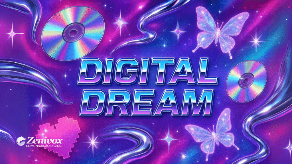 Arte digital vibrante em estilo Y2K com CDs coloridos, borboletas brilhantes, estrelas cintilantes e tipografia metálica “DIGITAL DREAM”, representando o maximalismo na comunicação visual.