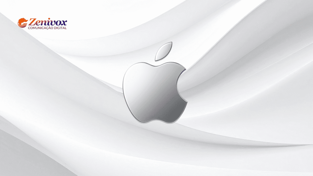 Logo da Apple em destaque sobre fundo branco minimalista com formas suaves, simbolizando simplicidade, clareza e sofisticação do minimalismo na comunicação visual.