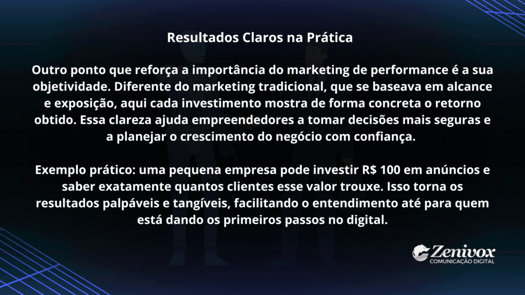 Slide em fundo escuro com título “Resultados Claros na Prática”, explicando como o marketing de performance oferece objetividade, clareza nos retornos e decisões estratégicas mais seguras.