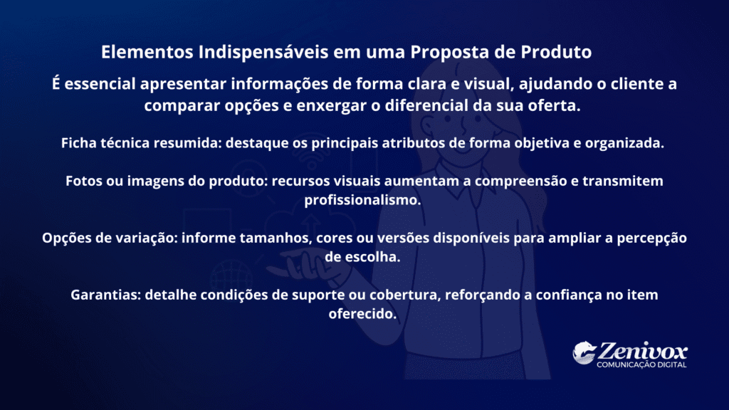 Slide com fundo azul moderno apresentando os elementos indispensáveis em uma negociação de produto, destacando ficha técnica resumida, fotos, opções de variação e garantias.