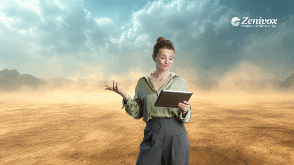 Mulher em pé no deserto dourado, olhando para um tablet com expressão de dúvida e mãos levantadas, transmitindo a ideia de questionamento. A cena sugere o dilema do empreendedor ao tentar entender diferenças entre MEI e empresário individual.