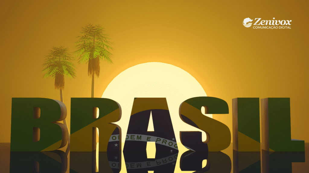 Imagem conceitual com a palavra “BRASIL” em letras grandes nas cores da bandeira, com o sol ao fundo e palmeiras tropicais, simbolizando o encerramento da narrativa sobre turismo, destacando a UVVA como referência em marketing turístico inteligente.