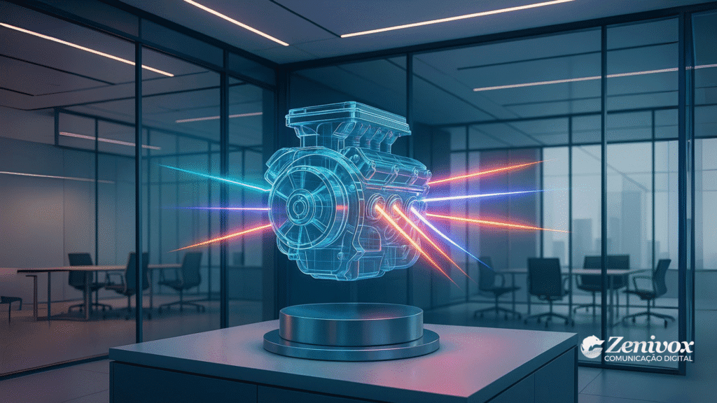 Motor holográfico flutuando em sala corporativa, com feixes de luz coloridos conectando suas partes, simbolizando inovação e as vantagens do empreendedorismo corporativo dentro das empresas.