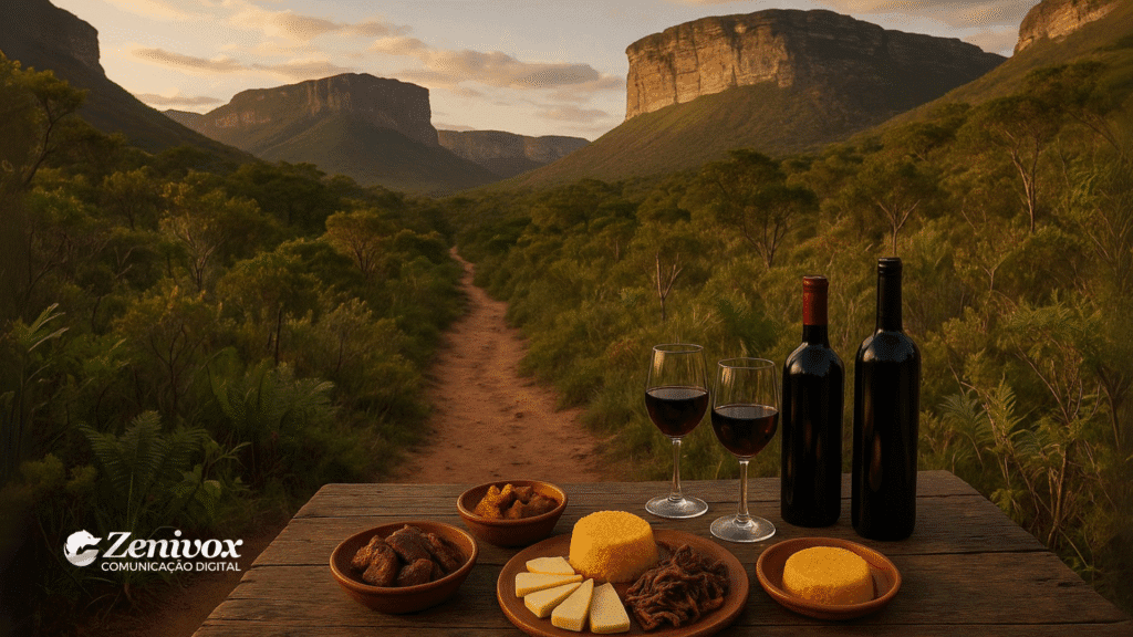Mesa rústica com pratos típicos do sertão, vinho e taças servidas em frente às montanhas da Chapada Diamantina ao entardecer. A cena une gastronomia regional e enoturismo, remetendo ao conceito de marketing turístico que integra vinho, cultura e música, inspirado na Vinícola UVVA e no Festival de Forró da Chapada.