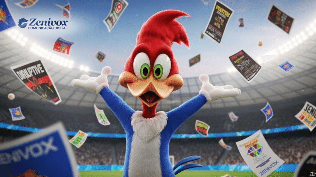 Pica-Pau animado em um estádio lotado com panfletos e cartazes voando ao redor, simbolizando ousadia e irreverência no marketing de emboscada.