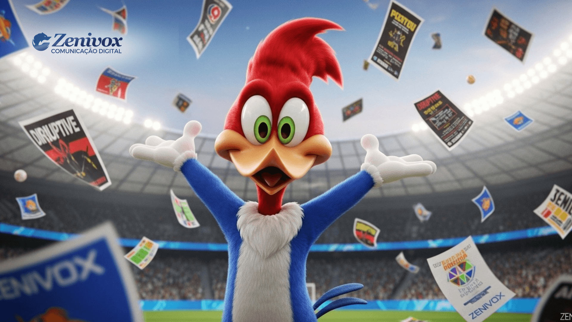 Pica-Pau animado em um estádio lotado com panfletos e cartazes voando ao redor, simbolizando ousadia e irreverência no marketing de emboscada.
