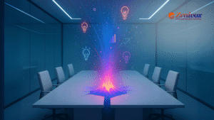 Sala de reunião corporativa moderna com uma mesa branca, da qual emerge uma explosão colorida de luzes e ícones digitais de inovação, simbolizando empreendedorismo corporativo e criatividade dentro das empresas.