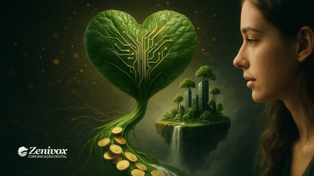 Mulher observa uma folha em formato de coração com circuitos dourados, de onde brotam moedas e raízes que levam a uma cidade verde flutuante, simbolizando empreendedorismo sustentável e criação de valor.