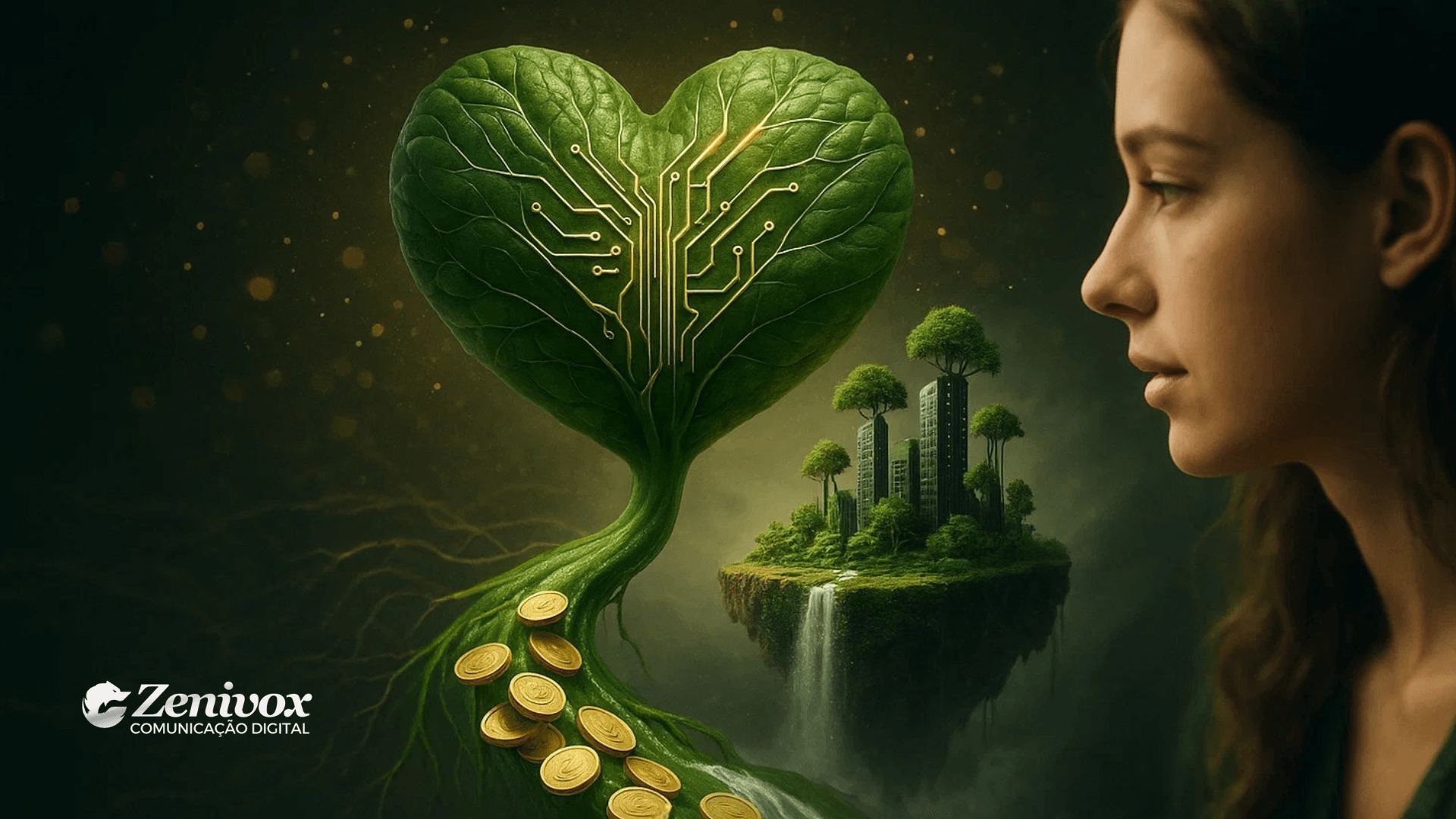 Mulher observa uma folha em formato de coração com circuitos dourados, de onde brotam moedas e raízes que levam a uma cidade verde flutuante, simbolizando empreendedorismo sustentável e criação de valor.