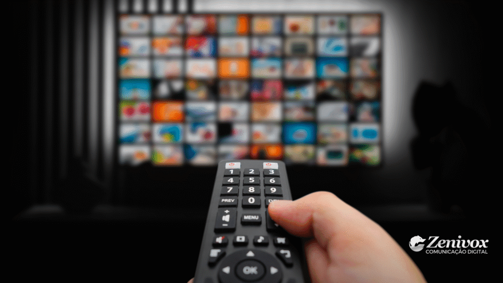 Mão segurando um controle remoto apontado para uma TV com várias miniaturas de programas na tela desfocada. A cena representa a escolha de conteúdo em serviços de streaming. No canto inferior direito aparece o logotipo da Zenivox Comunicação Digital. Representando anúncios publicitários.