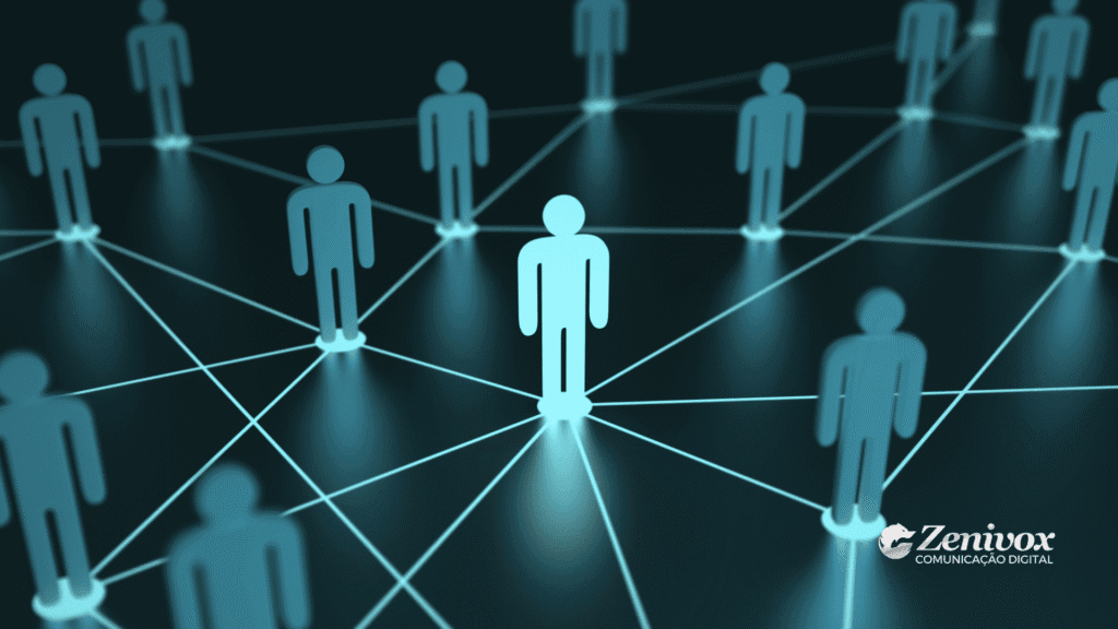 Imagem conceitual mostrando ícones de pessoas conectadas por linhas luminosas, simbolizando a importância do networking como base para o futuro dos negócios e do empreendedorismo.
