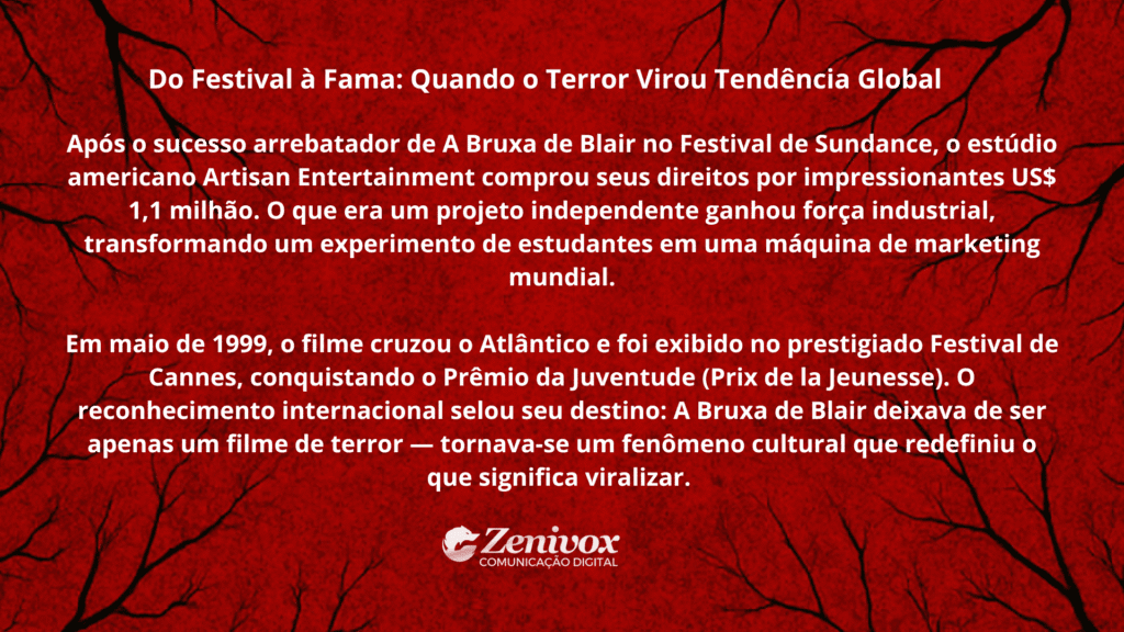 Imagem com fundo vermelho escuro e textura de galhos pretos, evocando atmosfera de terror. O texto central, em branco, traz o título “Do Festival à Fama: Quando o Terror Virou Tendência Global”. O conteúdo descreve a ascensão do filme A Bruxa de Blair após o sucesso no Festival de Sundance, sua compra pelo estúdio Artisan Entertainment por US$ 1,1 milhão e a consagração internacional em Cannes, onde venceu o Prêmio da Juventude. O texto conclui que o filme ultrapassou o gênero terror, tornando-se um marco cultural e redefinindo o conceito de viralização. Logotipo da Zenivox aparece no rodapé.