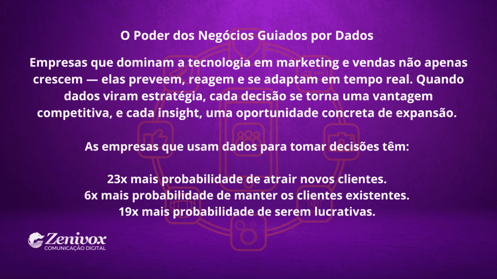 Design com fundo roxo e textura suave, destacando o título “O Poder dos Negócios Guiados por Dados”. O texto central explica como empresas que utilizam tecnologia e dados em marketing e vendas obtêm melhores resultados. Ícones laranja sutis no fundo representam métricas, engajamento e crescimento digital.