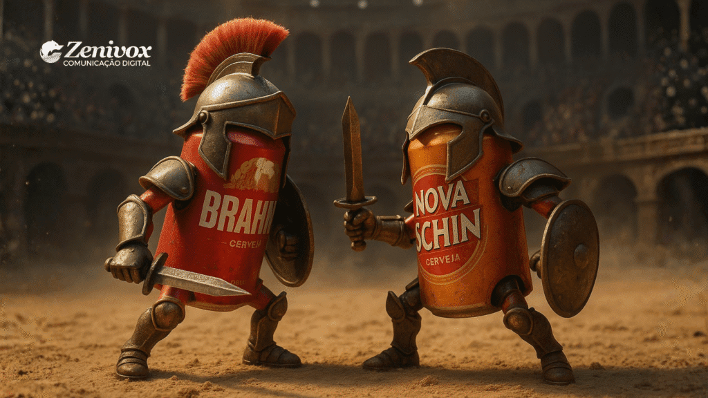 Cena de arena com duas latas de cerveja personificadas como gladiadores medievais, uma representando a Brahma e outra a Nova Schin. Ambas usam armaduras metálicas e capacetes com penachos, empunhando espadas e escudos, prontas para o combate. Representando as as guerras comerciais entre cervejas aqui. O logotipo da Zenivox aparece no canto superior esquerdo.