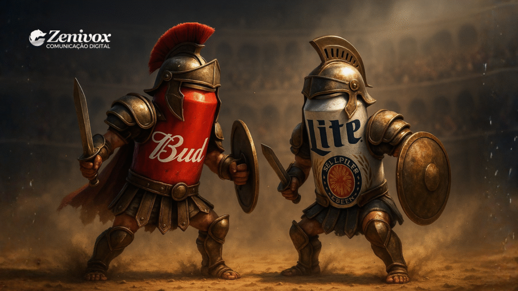 Cena de arena retratando duas latas de cerveja personificadas como gladiadores romanos — uma vermelha representando a Budweiser e outra prateada representando a Miller Lite. Ambas empunham espadas e escudos em uma batalha simbólica sob luz dramática. O logotipo da Zenivox está no canto superior esquerdo.