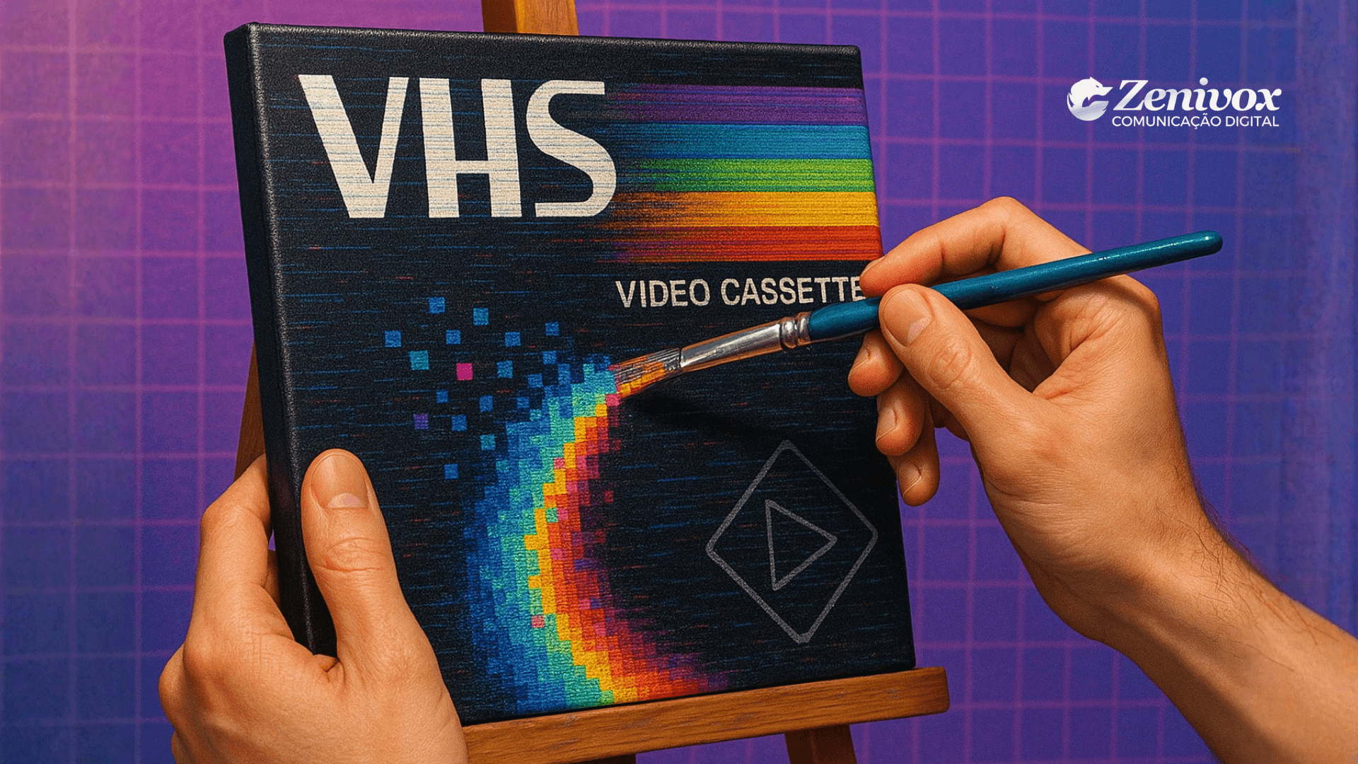 Mãos segurando e pintando uma capa de fita VHS com pincel, revelando um arco colorido pixelado em estilo retrô. O fundo roxo com grade geométrica remete à estética tecnológica e criativa dos anos 90, simbolizando publicidade visual.