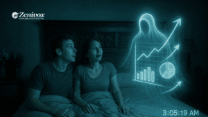 Casal sentado na cama em um quarto escuro, iluminado por uma luz azul de visão noturna. Ambos olham surpresos para um fantasma translúcido que projeta gráficos de crescimento, barras e pizza, simbolizando dicas para vender. A imagem remete a uma cena de “atividade paranormal” reinterpretada com humor e referência ao marketing digital, mostrando o sucesso das estratégias da Zenivox aparecendo de forma sobrenatural às 3:05 da manhã.